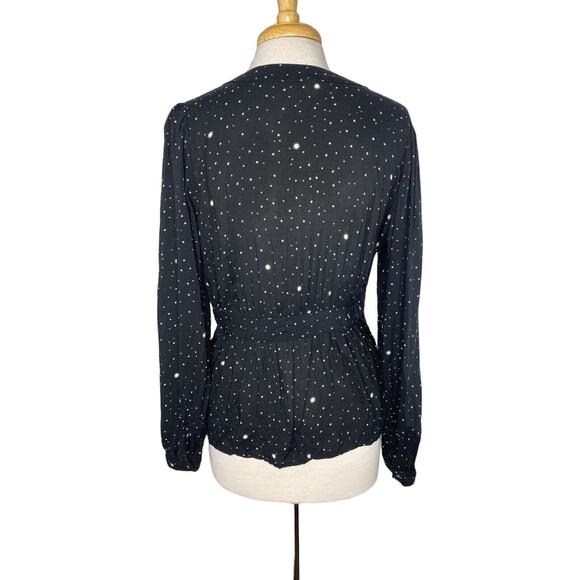 GAP Black Celestial Rayon Long Sleeve Wrap Top Size Medium Womens Stars Dot - Picture 3 of 12